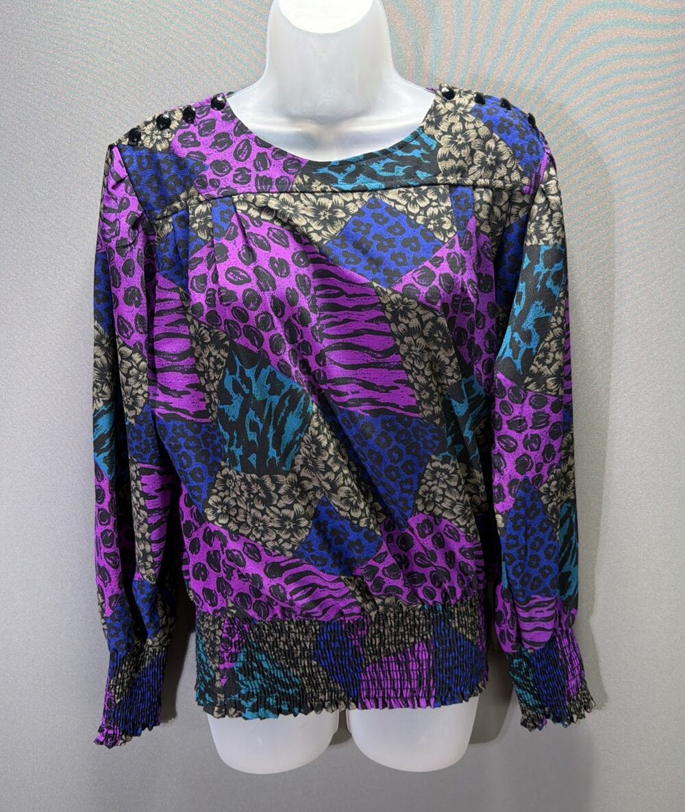 Nicola Leopard Floral Mixed Print Blouse Women M Button Shoulder Vintage 80s USA